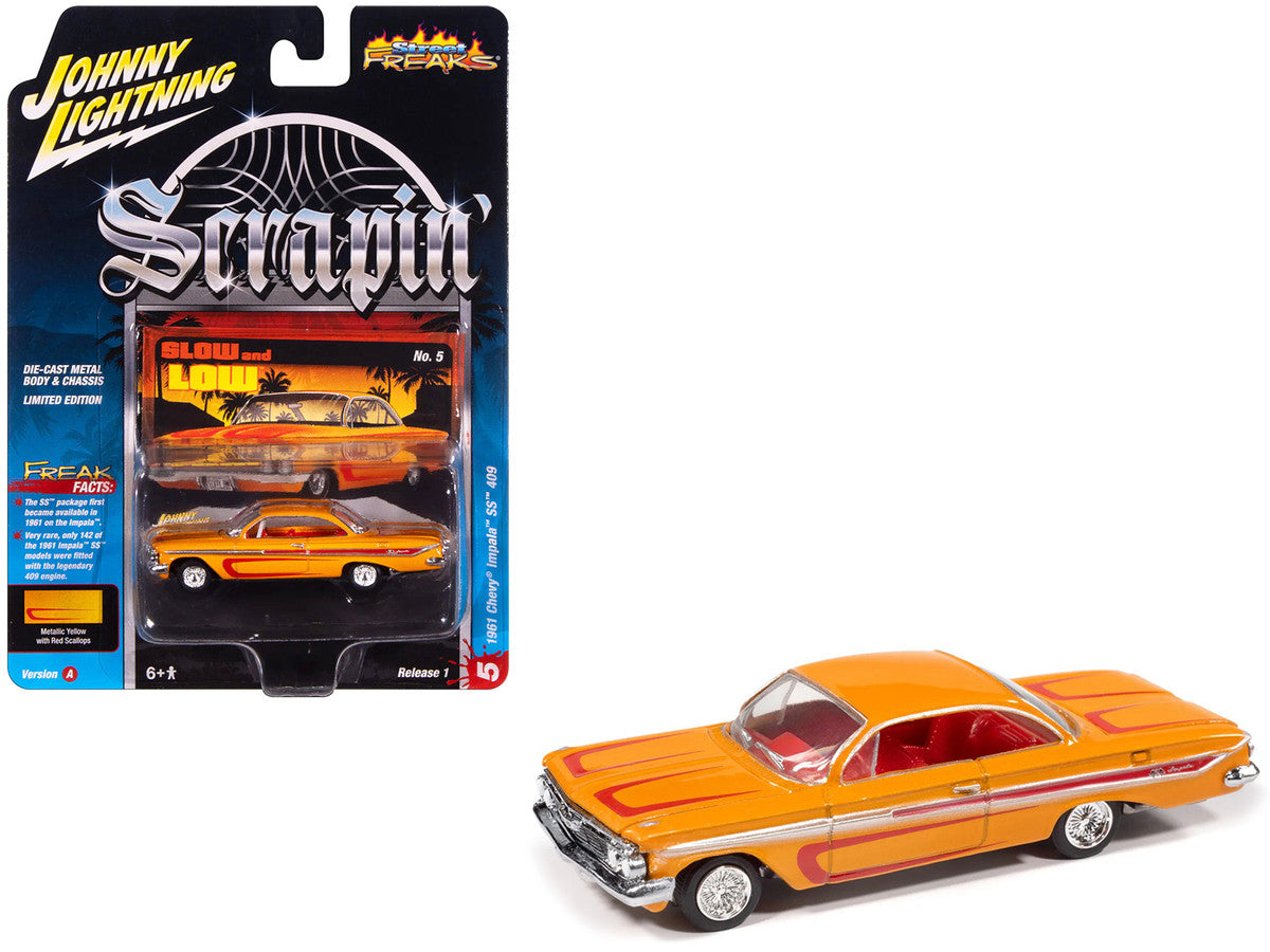1961 Chevrolet Impala SS 409 Yellow Metallic with Red Stripes and Interior "Scrapin" Series 1/64 Diecast Model Car by Johnny Lightning Johnny Lightning