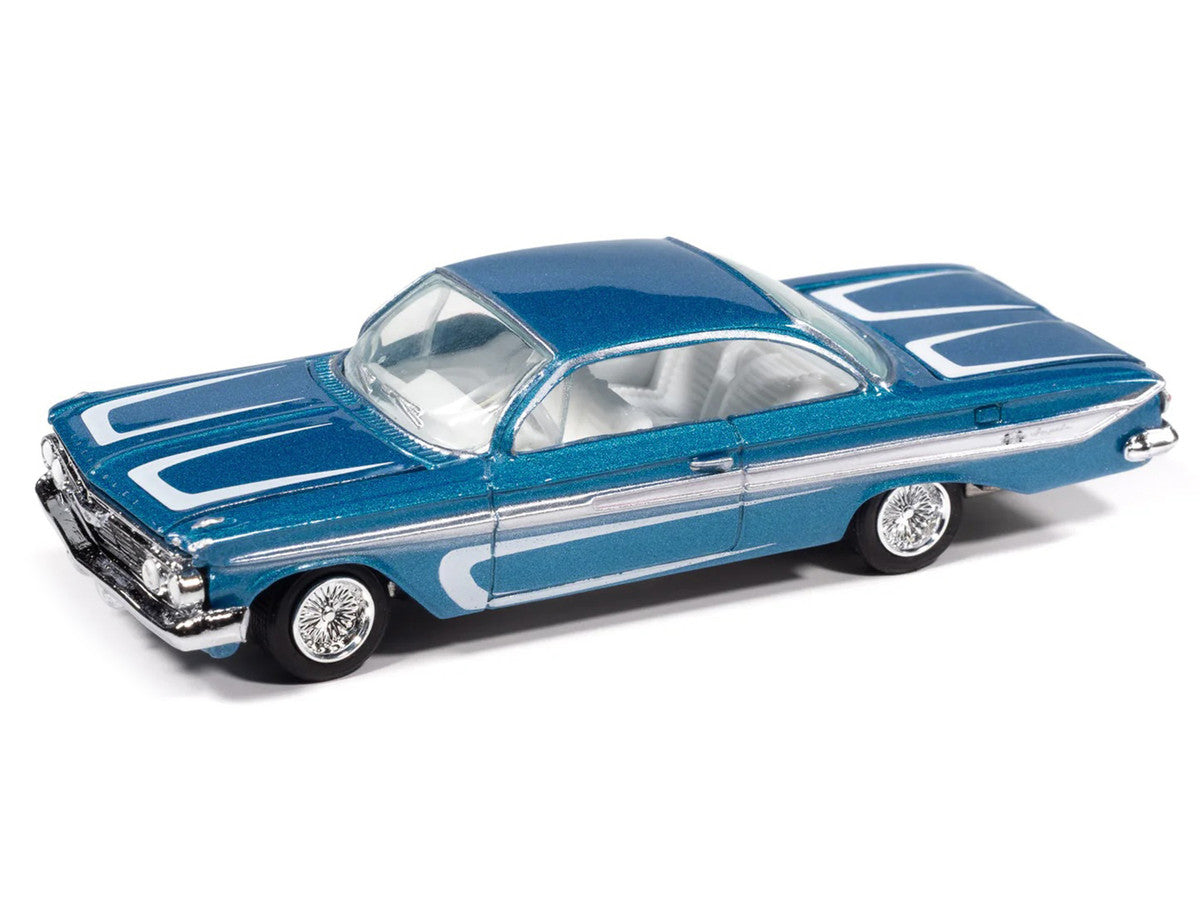 1961 Chevrolet Impala SS 409 Blue Metallic with White Stripes and Interior "Scrapin'" Series 1/64 Diecast Model Car by Johnny Lightning Johnny Lightning