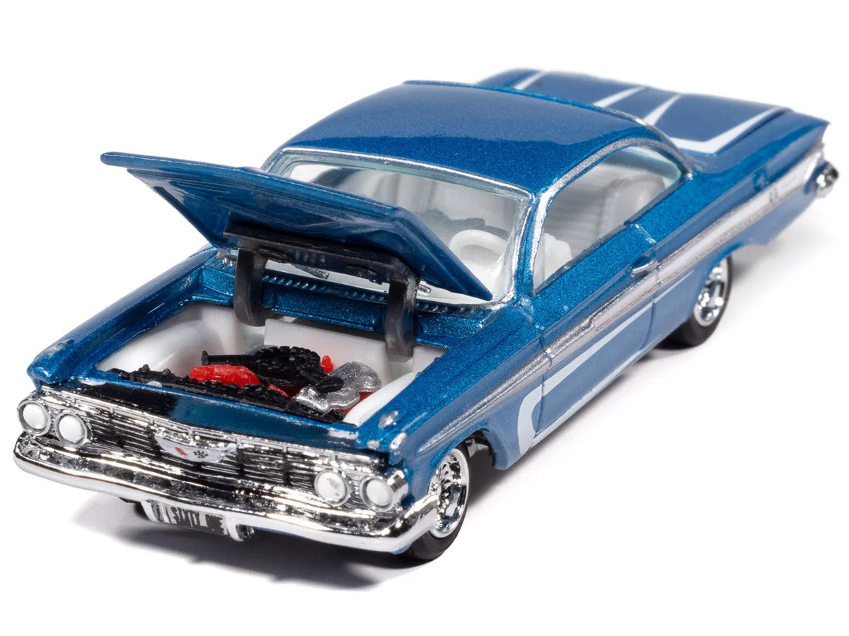 1961 Chevrolet Impala SS 409 Blue Metallic with White Stripes and Interior "Scrapin'" Series 1/64 Diecast Model Car by Johnny Lightning Johnny Lightning