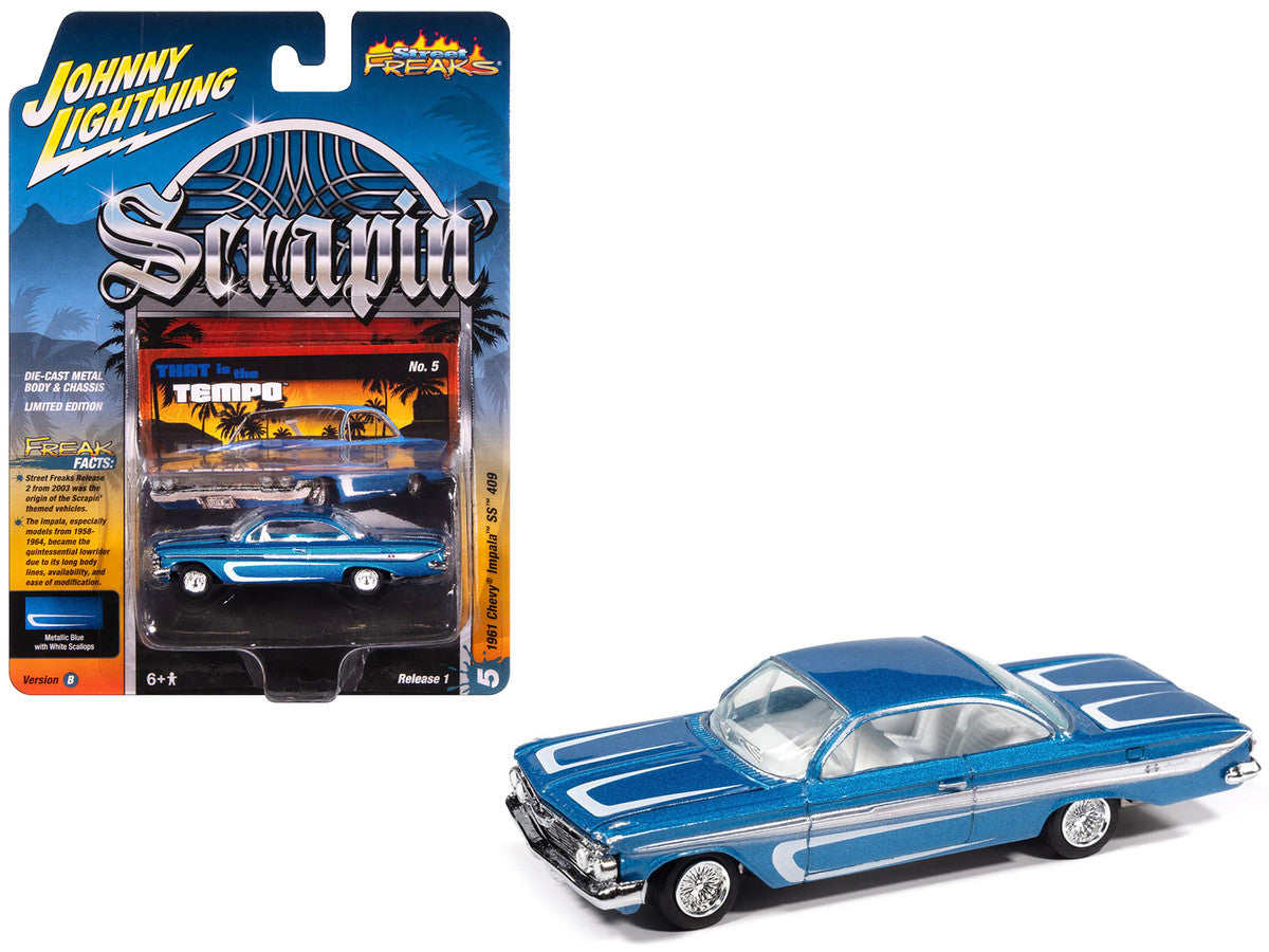 1961 Chevrolet Impala SS 409 Blue Metallic with White Stripes and Interior "Scrapin'" Series 1/64 Diecast Model Car by Johnny Lightning Johnny Lightning