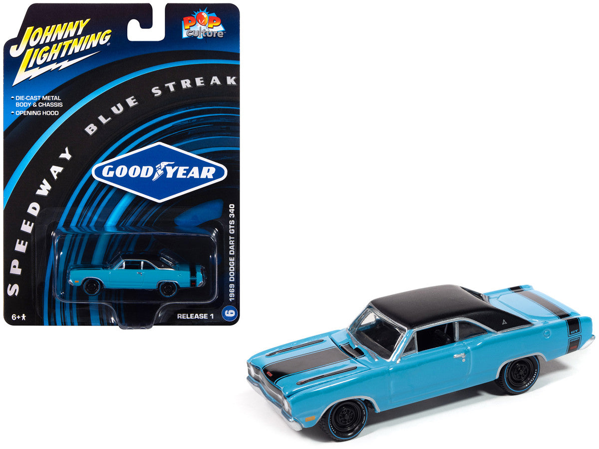 1969 Dodge Dart GTS 340 Blue with Black Top and Stripes "Goodyear Blue Streak" "Pop Culture" 2025 Release 1 1/64 Diecast Model Car by Johnny Lightning Johnny Lightning
