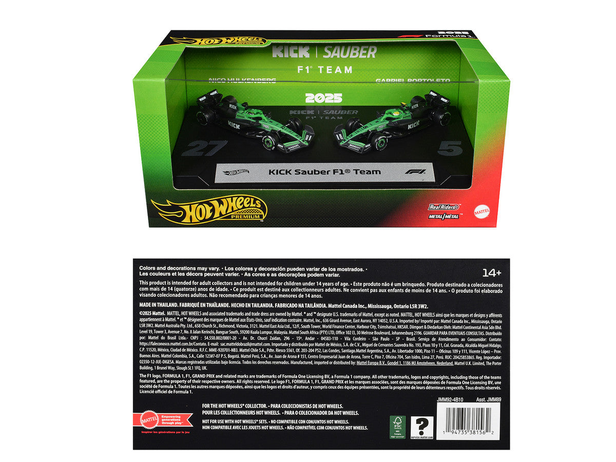 "Kick Sauber F1 Team" Formula One F1 World Championship (2025) 2 Piece Set Diecast Model Cars by Hot Wheels Hotwheels