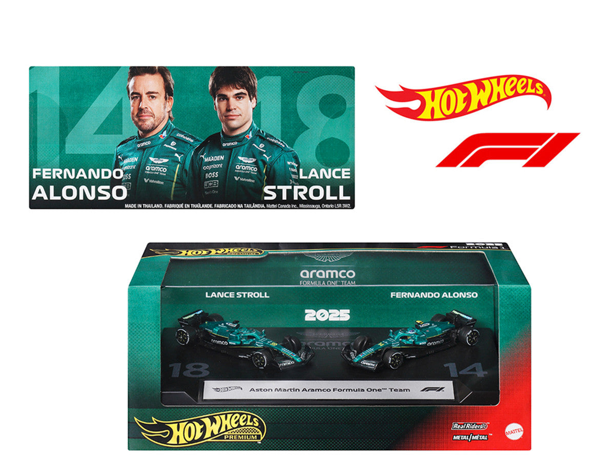"Aston Martin Aramco Formula One Team" Formula One F1 World Championship (2025) 2 Piece Set Diecast Model Cars by Hot Wheels Hotwheels