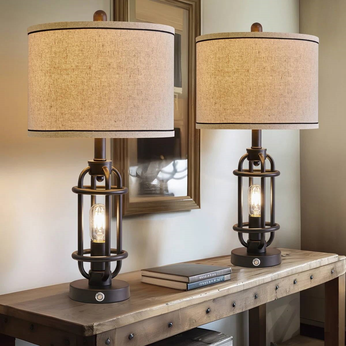 Set of 2 - Farmhouse Dimmable Touch USB Table Lamp with Beige Linen Drum Shade FastFurnishings