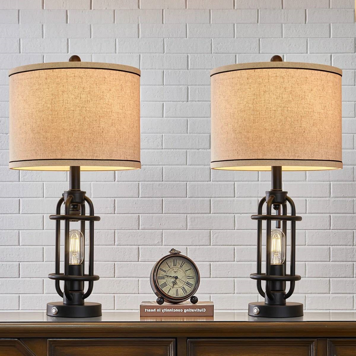 Set of 2 - Farmhouse Dimmable Touch USB Table Lamp with Beige Linen Drum Shade FastFurnishings