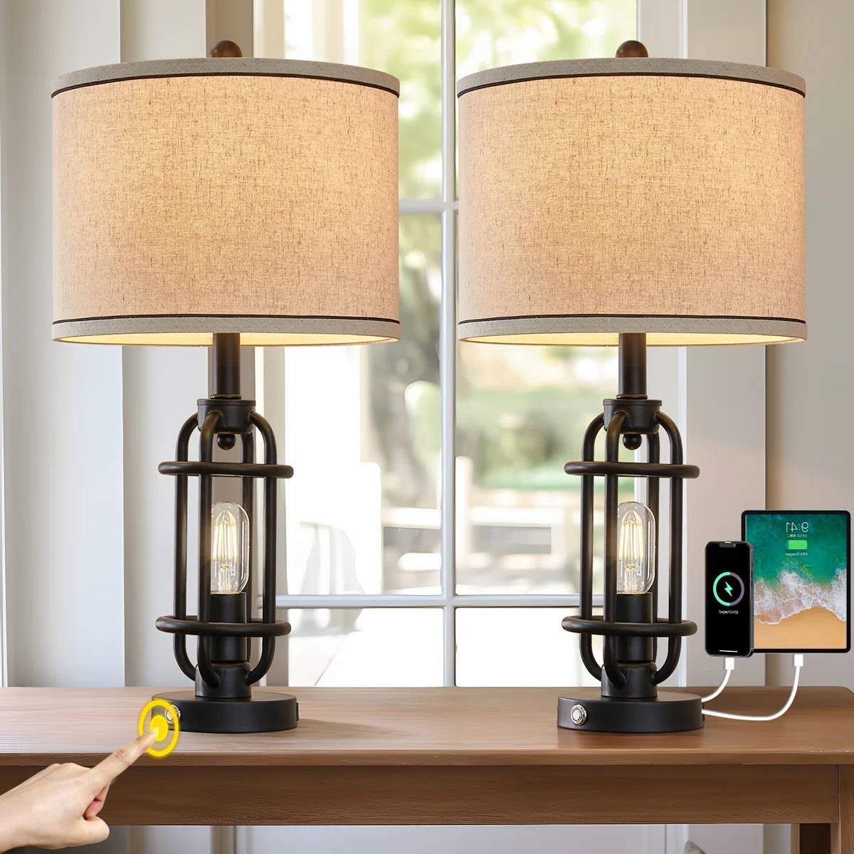 Set of 2 - Farmhouse Dimmable Touch USB Table Lamp with Beige Linen Drum Shade FastFurnishings