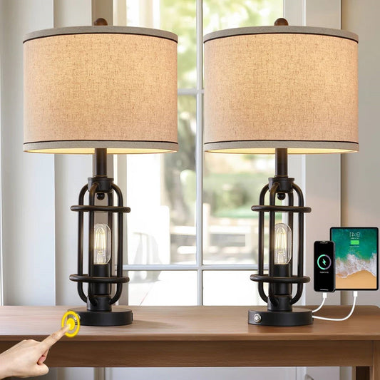 Set of 2 - Farmhouse Dimmable Touch USB Table Lamp with Beige Linen Drum Shade FastFurnishings