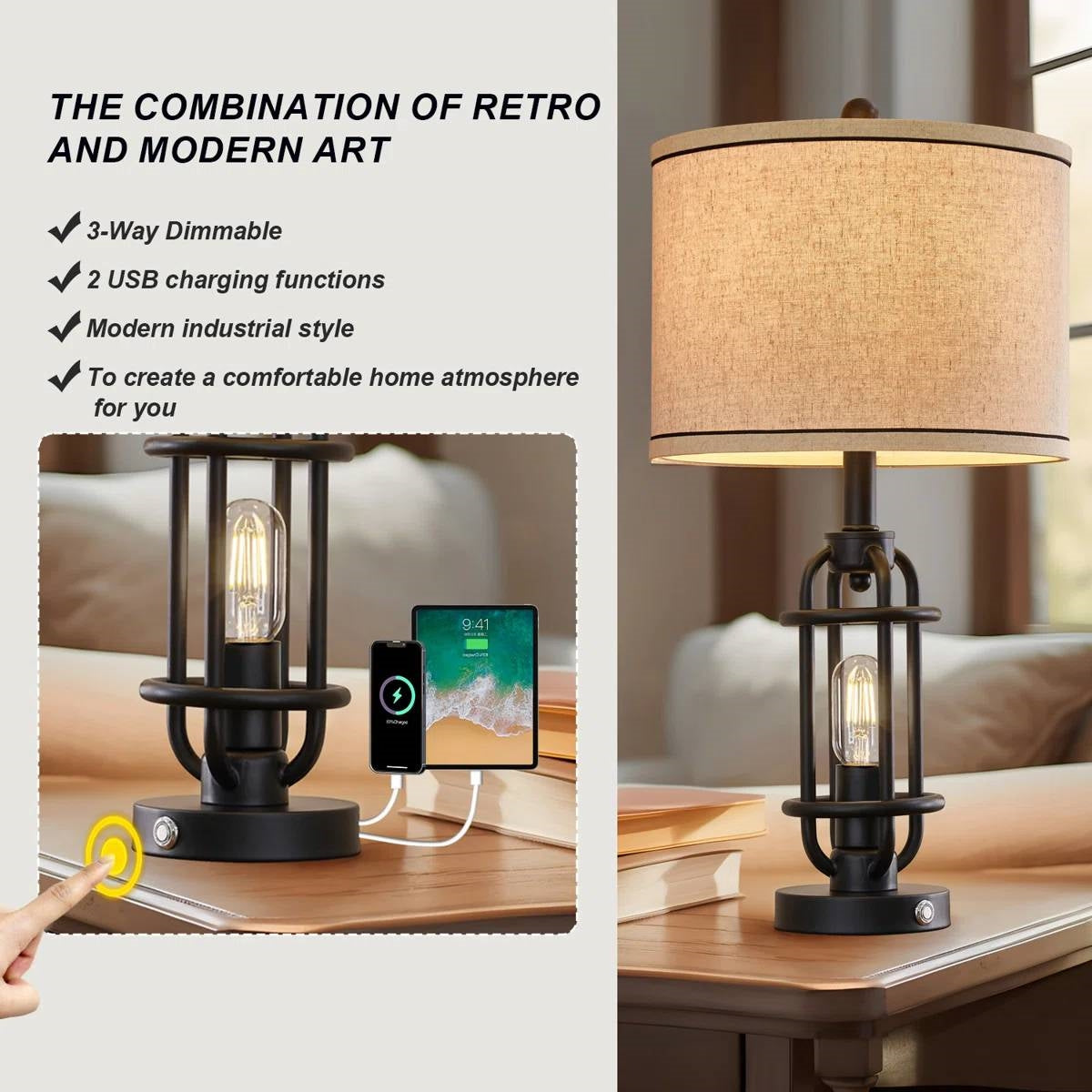 Set of 2 - Farmhouse Dimmable Touch USB Table Lamp with Beige Linen Drum Shade FastFurnishings