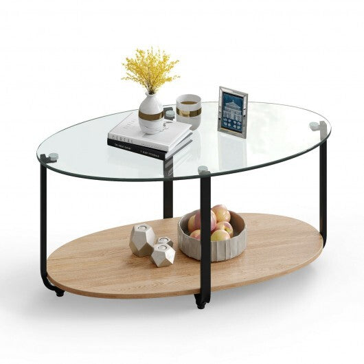 2-Tier Glass-Top Oval Coffee Table with Wooden Shelf for Living Room W2B