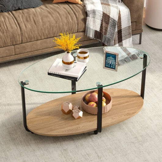 2-Tier Glass-Top Oval Coffee Table with Wooden Shelf for Living Room W2B