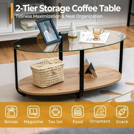 2-Tier Glass-Top Oval Coffee Table with Wooden Shelf for Living Room W2B