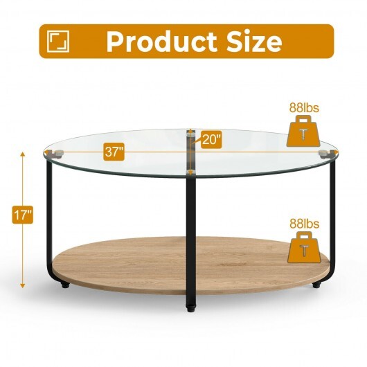 2-Tier Glass-Top Oval Coffee Table with Wooden Shelf for Living Room W2B