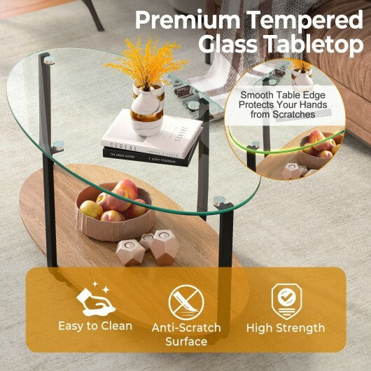 2-Tier Glass-Top Oval Coffee Table with Wooden Shelf for Living Room W2B
