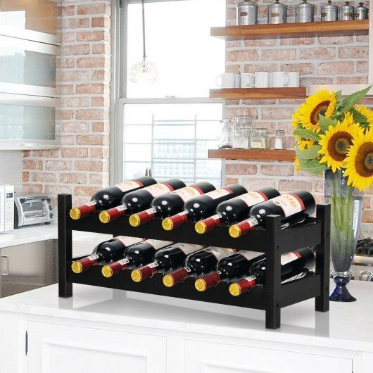 2-Tier 12 Bottles Bamboo Storage Shelf  Wine Rack-Brown - Color: Brown W2B