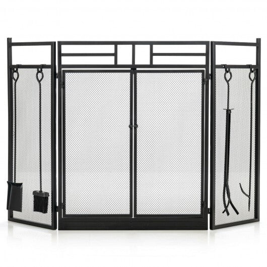3-Panel Folding Wrought Iron Fireplace Screen with Doors and 4 Pieces Tools Set-Black W2B