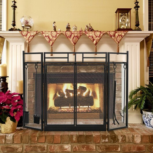 3-Panel Folding Wrought Iron Fireplace Screen with Doors and 4 Pieces Tools Set-Black W2B