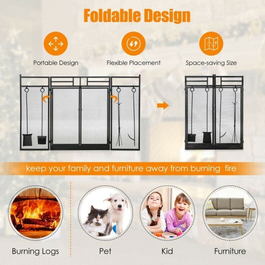 3-Panel Folding Wrought Iron Fireplace Screen with Doors and 4 Pieces Tools Set-Black W2B