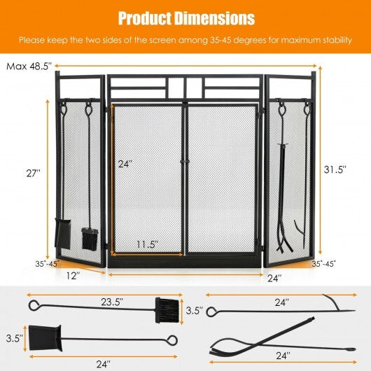 3-Panel Folding Wrought Iron Fireplace Screen with Doors and 4 Pieces Tools Set-Black W2B