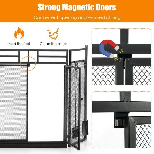 3-Panel Folding Wrought Iron Fireplace Screen with Doors and 4 Pieces Tools Set-Black W2B