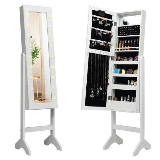 Mirrored Jewelry Cabinet Armoire Organizer w/ LED lights-White - Color: White W2B