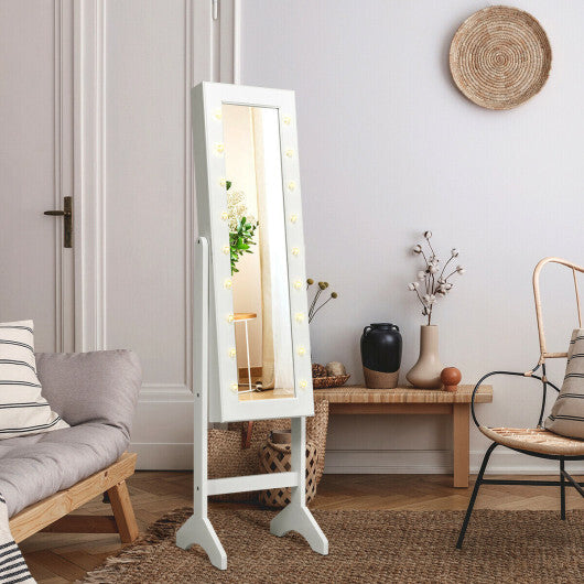 Mirrored Jewelry Cabinet Armoire Organizer w/ LED lights-White - Color: White W2B