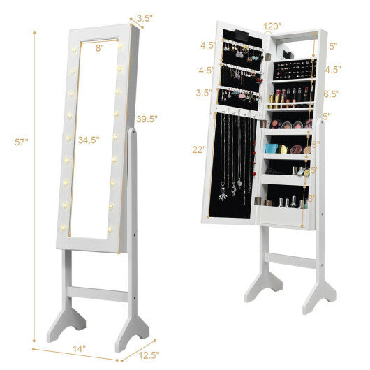 Mirrored Jewelry Cabinet Armoire Organizer w/ LED lights-White - Color: White W2B