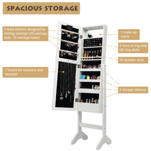 Mirrored Jewelry Cabinet Armoire Organizer w/ LED lights-White - Color: White W2B