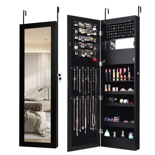 Lockable Wall Door Mounted Mirror Jewelry Cabinet w/LED Lights-Brown W2B