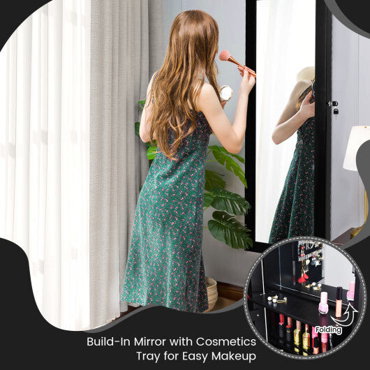 Lockable Wall Door Mounted Mirror Jewelry Cabinet w/LED Lights-Brown W2B