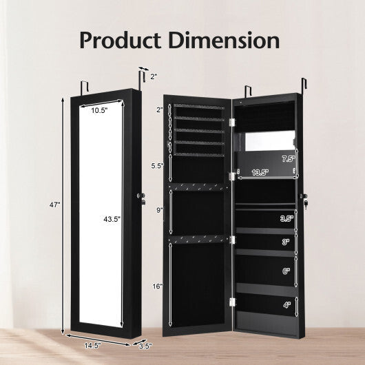 Lockable Wall Door Mounted Mirror Jewelry Cabinet w/LED Lights-Brown W2B