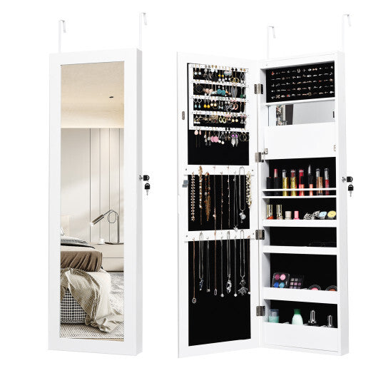 Lockable Wall Door Mounted Mirror Jewelry Cabinet w/LED Lights-Brown W2B