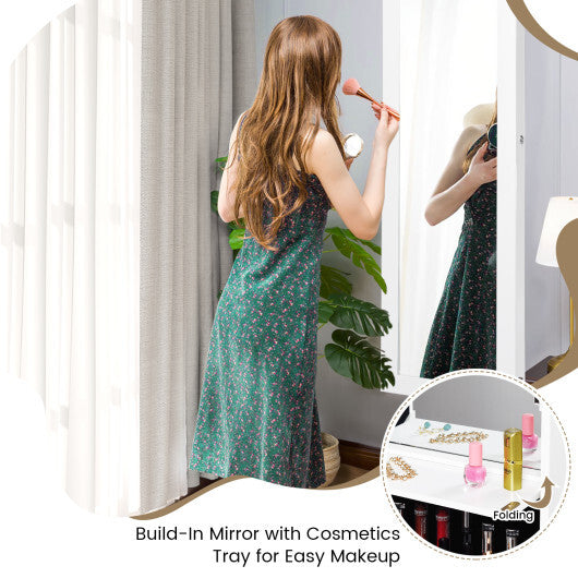 Lockable Wall Door Mounted Mirror Jewelry Cabinet w/LED Lights-Brown W2B
