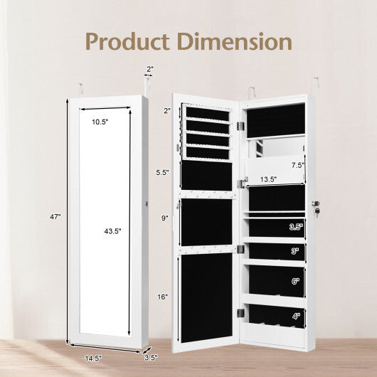 Lockable Wall Door Mounted Mirror Jewelry Cabinet w/LED Lights-Brown W2B