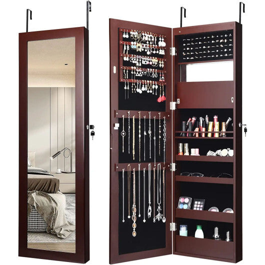 Lockable Wall Door Mounted Mirror Jewelry Cabinet w/LED Lights-Brown W2B