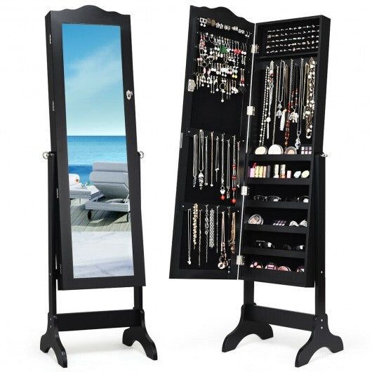 Mirrored Lockable Jewelry Cabinet Armoire Organizer Storage Box-Black - Color: Black W2B