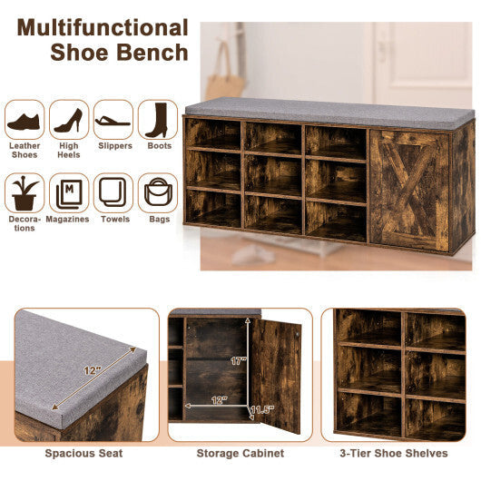 9-cube Adjustable Storage Shoe Bench with Padded Cushion-Rustic Brown W2B