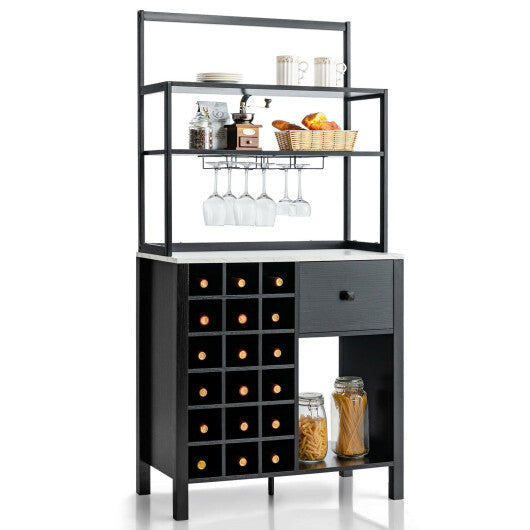 Kitchen Bakers Rack Freestanding Wine Rack Table with Glass Holder and Drawer-Black - Color: Black W2B