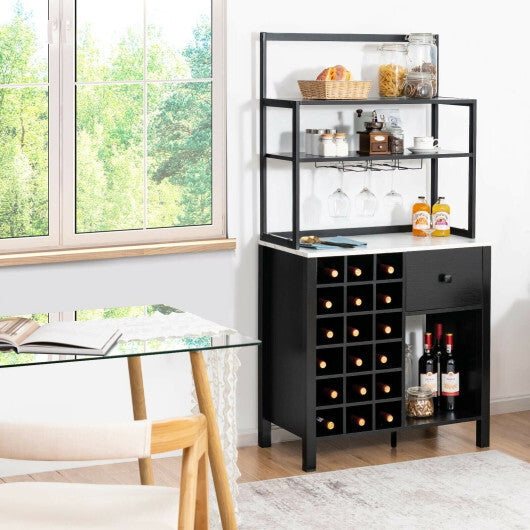 Kitchen Bakers Rack Freestanding Wine Rack Table with Glass Holder and Drawer-Black - Color: Black W2B