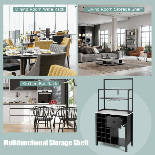 Kitchen Bakers Rack Freestanding Wine Rack Table with Glass Holder and Drawer-Black - Color: Black W2B