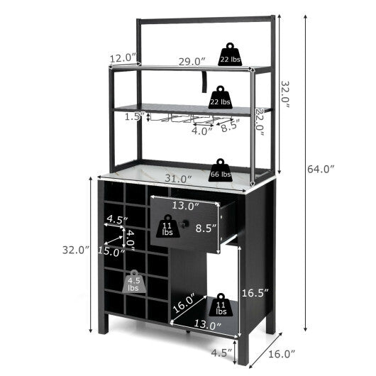 Kitchen Bakers Rack Freestanding Wine Rack Table with Glass Holder and Drawer-Black - Color: Black W2B