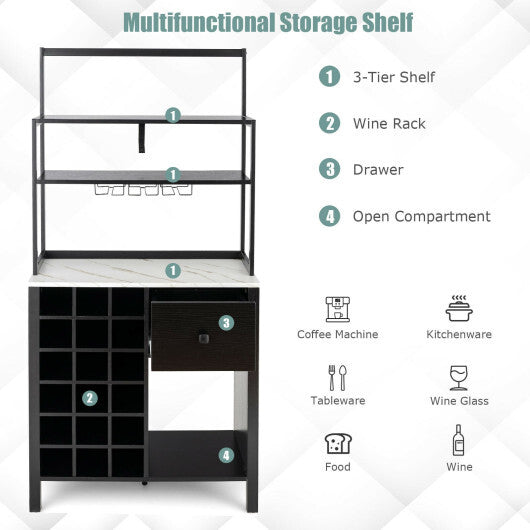 Kitchen Bakers Rack Freestanding Wine Rack Table with Glass Holder and Drawer-Black - Color: Black W2B