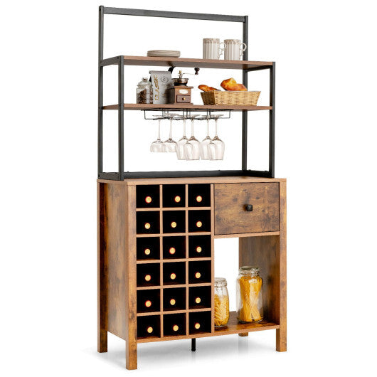 Kitchen Bakers Rack Freestanding Wine Rack Table with Glass Holder and Drawer-Black