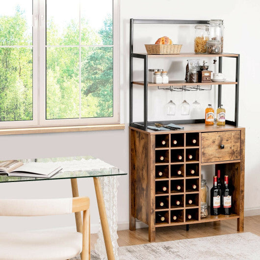 Kitchen Bakers Rack Freestanding Wine Rack Table with Glass Holder and Drawer-Black