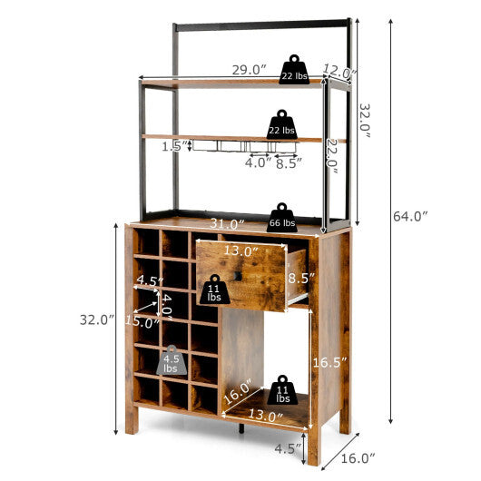 Kitchen Bakers Rack Freestanding Wine Rack Table with Glass Holder and Drawer-Black