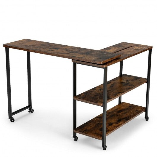 Large 360-Degree Free Rotating Sofa Side Table with Wheels and Storage Shelf-Rustic Brown W2B