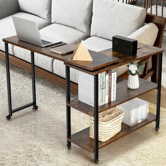 Large 360-Degree Free Rotating Sofa Side Table with Wheels and Storage Shelf-Rustic Brown W2B