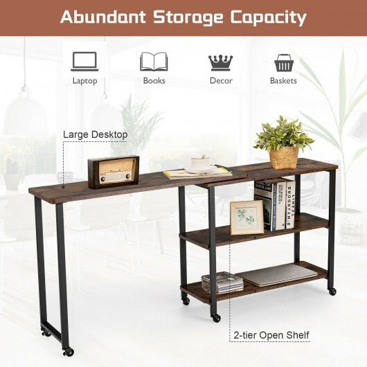 Large 360-Degree Free Rotating Sofa Side Table with Wheels and Storage Shelf-Rustic Brown W2B