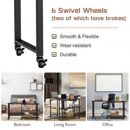 Large 360-Degree Free Rotating Sofa Side Table with Wheels and Storage Shelf-Rustic Brown W2B