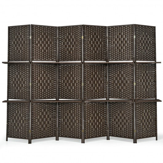 6 Panel Folding Weave Fiber Room Divider with 2 Display Shelves -Brown W2B