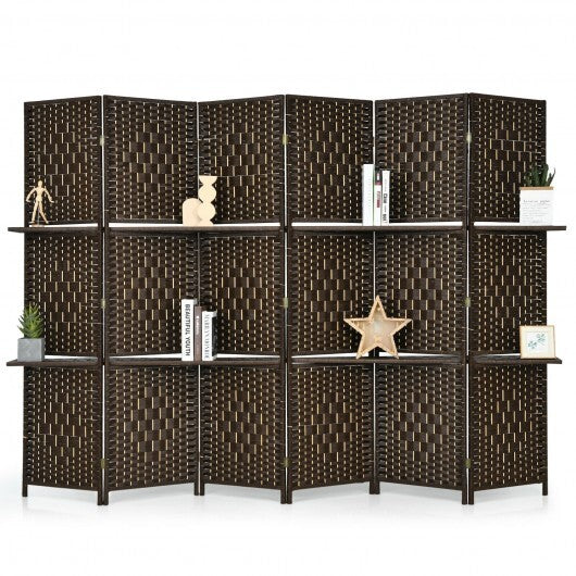 6 Panel Folding Weave Fiber Room Divider with 2 Display Shelves -Brown W2B